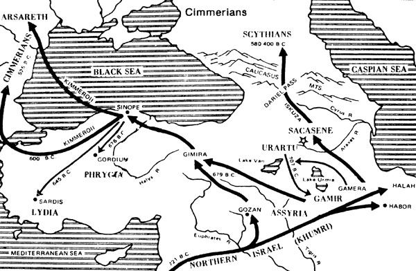 Israels hus (de ti «tapte» stammer) ble ført i fangenskap til «medernes byer» i Nord-Assyria, og vandret videre vestover og inn i Europa, der de ble kjent under   en rekke fremmede navn